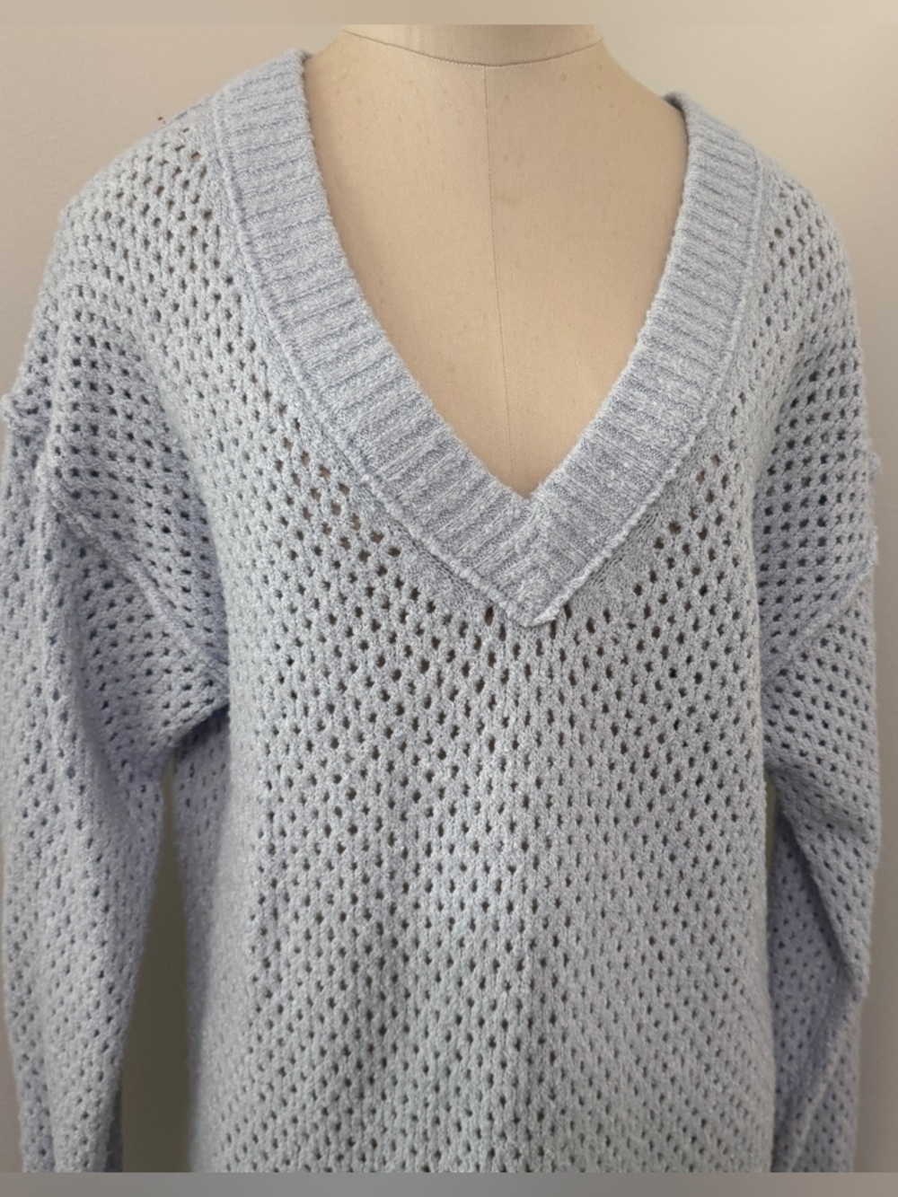 Aerie Small Oversized Light Blue V‑Neck Open Knit Sweater